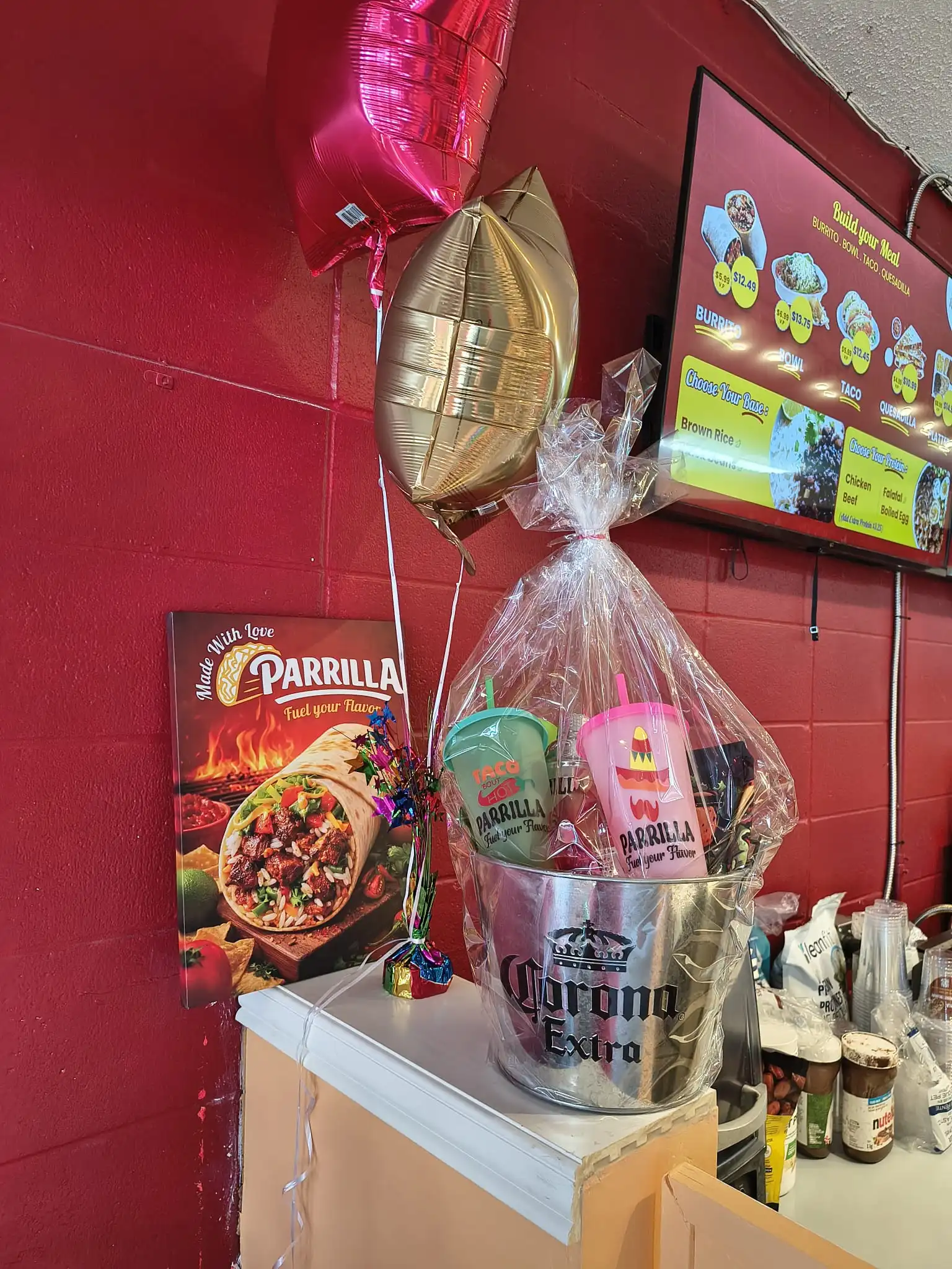 Menu board at Parrilla Inc Mexican restaurant in Camrose, AB